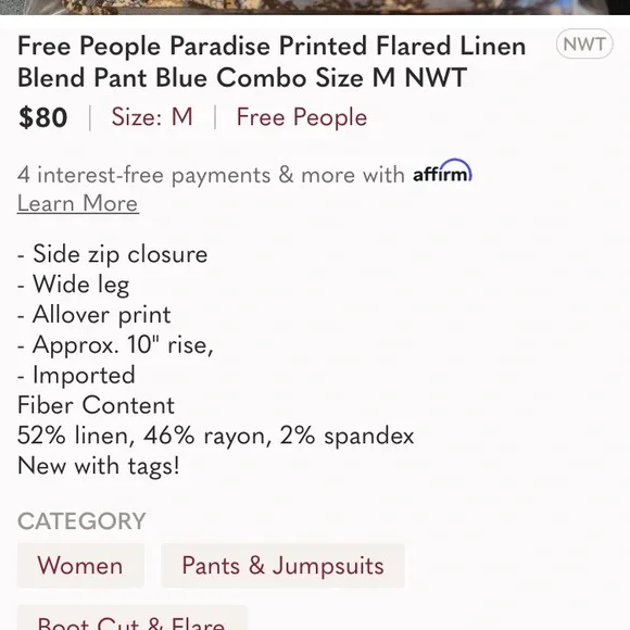 New: Free People + Dolls Kill Paisley Pants. Size Medium - Picture 15 of 16